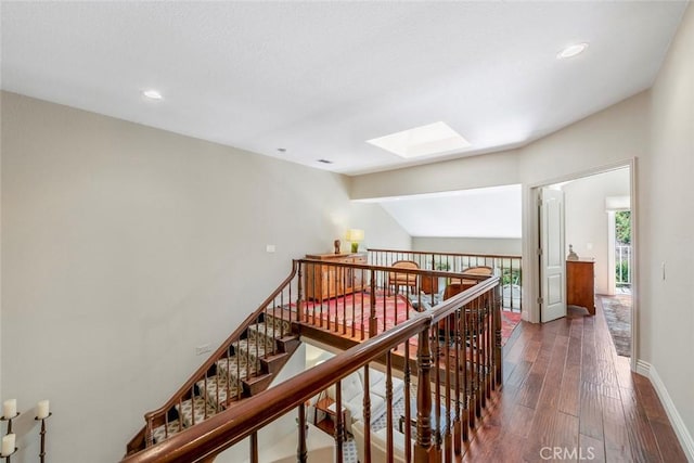 29411 Port Royal Way, Laguna Niguel, CA 92677 - corridor with a skylight, dark wood-style floors, an upstairs landing, and recessed lighting