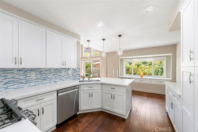 29411 Port Royal Way, Laguna Niguel, CA 92677 - kitchen with stainless steel dishwasher, a peninsula, dark wood-type flooring, white cabinets, and recessed lighting