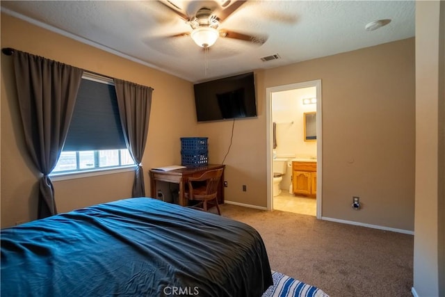 7681 Newhall Ave, Hesperia, CA 92345 - bedroom with light carpet, ensuite bath, and ceiling fan