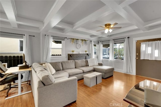 1619 Leighton Ave, Los Angeles, CA 90062 - living area with coffered ceiling, a ceiling fan, healthy amount of natural light, beamed ceiling, and wood finished floors