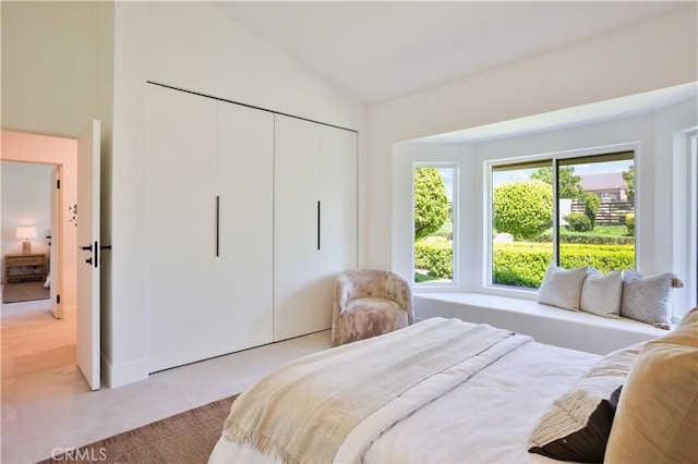 1257 Fetlock Way, Riverside, CA 92506 - bedroom featuring light colored carpet, a closet, and lofted ceiling