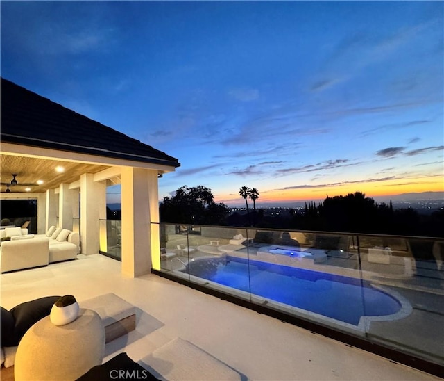 1257 Fetlock Way, Riverside, CA 92506 - view of pool featuring an outdoor hangout area, a ceiling fan, a patio, and a hot tub