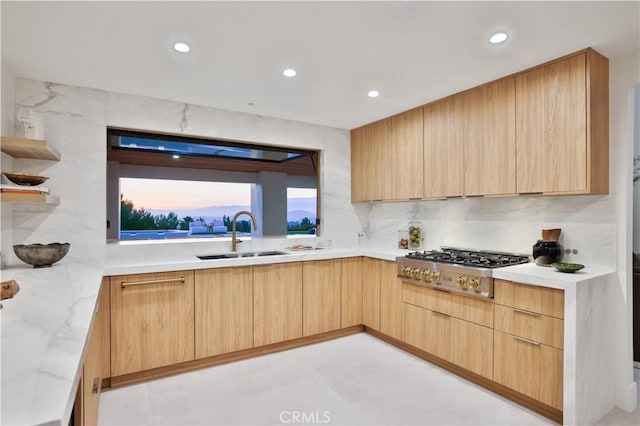 1257 Fetlock Way, Riverside, CA 92506 - kitchen with modern cabinets, light brown cabinetry, stainless steel gas cooktop, open shelves, and recessed lighting