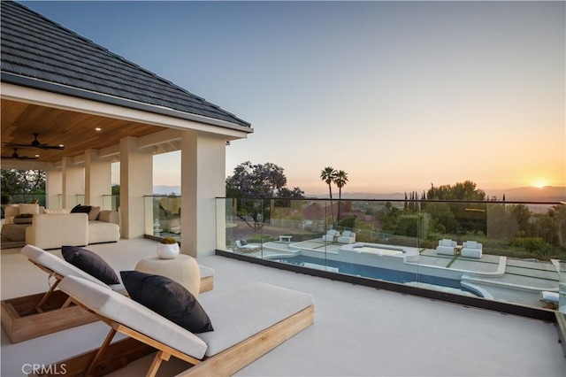 1257 Fetlock Way, Riverside, CA 92506 - view of patio / terrace featuring ceiling fan, an outdoor pool, an in-ground hot tub, and an outdoor living space