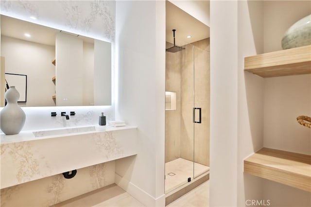 1257 Fetlock Way, Riverside, CA 92506 - bathroom featuring a shower stall, vanity, and tile patterned flooring