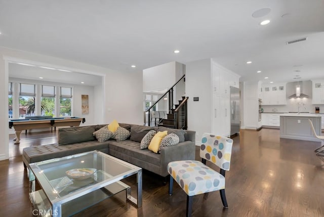 15460 La Maida St, Sherman Oaks, CA 91403 - living room featuring recessed lighting, dark wood-style flooring, stairs, and billiards