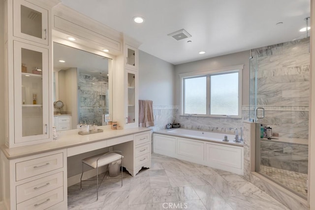 15460 La Maida St, Sherman Oaks, CA 91403 - bathroom with a bath, a marble finish shower, vanity, recessed lighting, and a wainscoted wall