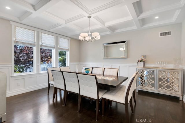 15460 La Maida St, Sherman Oaks, CA 91403 - dining area with a chandelier, coffered ceiling, dark wood finished floors, beam ceiling, and a decorative wall