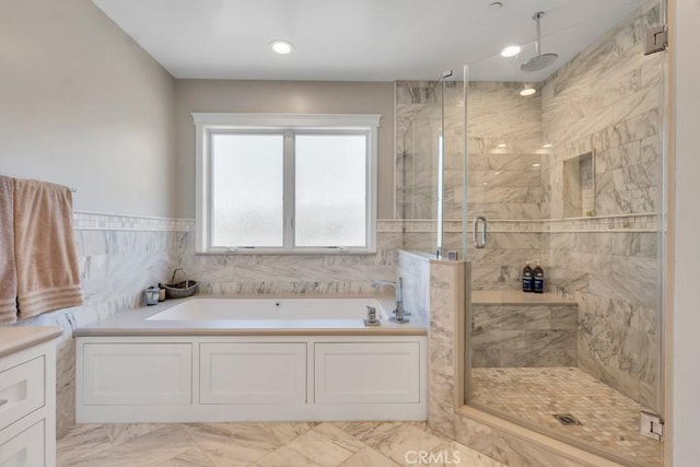 15460 La Maida St, Sherman Oaks, CA 91403 - full bathroom with a garden tub, a stall shower, marble finish flooring, and recessed lighting