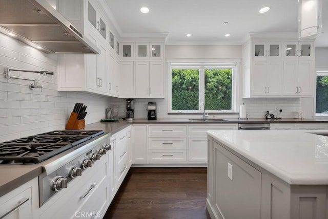15460 La Maida St, Sherman Oaks, CA 91403 - kitchen featuring stainless steel gas stovetop, range hood, tasteful backsplash, dark wood-style flooring, and recessed lighting