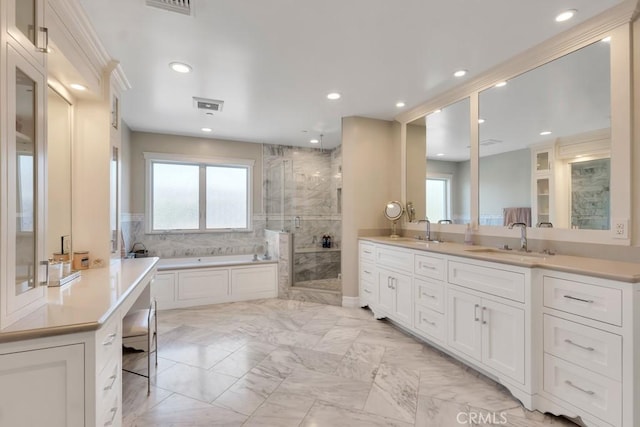 15460 La Maida St, Sherman Oaks, CA 91403 - full bathroom featuring a stall shower, a garden tub, double vanity, healthy amount of natural light, and recessed lighting
