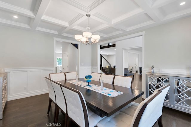 15460 La Maida St, Sherman Oaks, CA 91403 - dining space featuring dark wood-type flooring, a chandelier, beamed ceiling, coffered ceiling, and recessed lighting