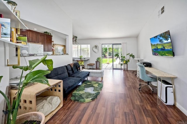 1219 Paseo Hermosa, Oceanside, CA 92056 - living room featuring dark wood-style floors, a desk, and vaulted ceiling