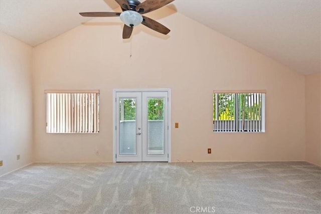 10151 Saddlehill Ter, Rancho Cucamonga, CA 91737 - spare room featuring carpet, high vaulted ceiling, french doors, and a ceiling fan
