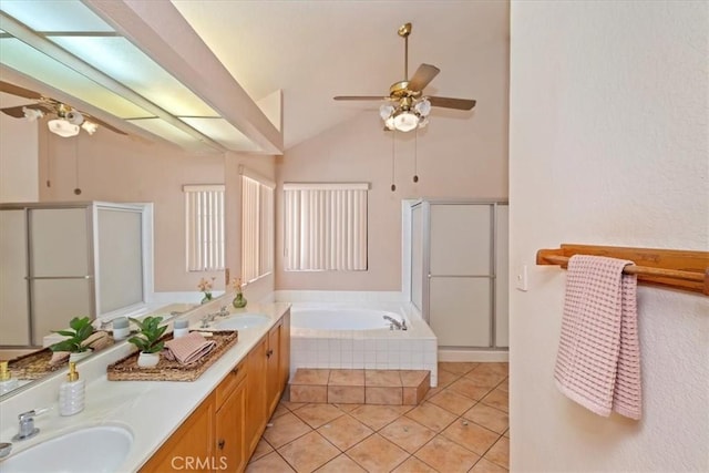 10151 Saddlehill Ter, Rancho Cucamonga, CA 91737 - full bath with a shower stall, lofted ceiling, a garden tub, tile patterned flooring, and double vanity