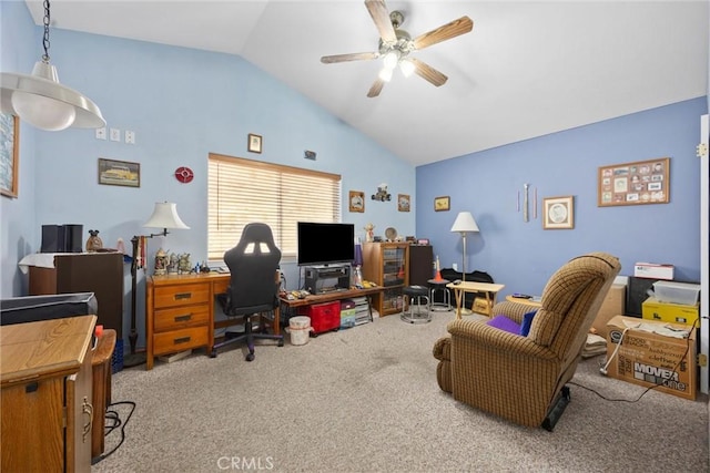 21276 White Pine Dr, Tehachapi, CA 93561 - office featuring carpet floors, vaulted ceiling, and ceiling fan