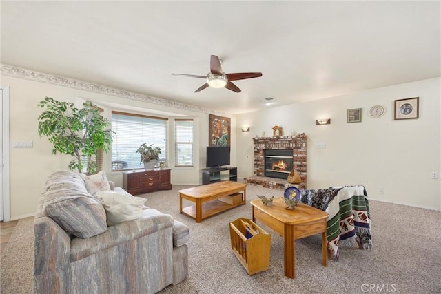 21276 White Pine Dr, Tehachapi, CA 93561 - living room with light carpet, ceiling fan, and a fireplace