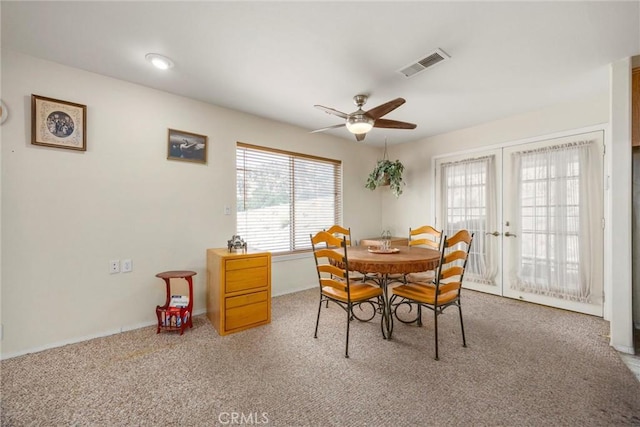 21276 White Pine Dr, Tehachapi, CA 93561 - carpeted dining area featuring ceiling fan and french doors