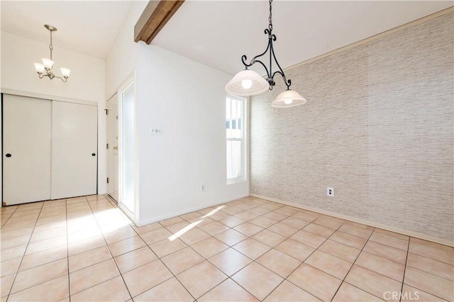 24 Queens Wreath Way, Irvine, CA 92612 - unfurnished room with a chandelier, light tile patterned floors, beam ceiling, and an accent wall