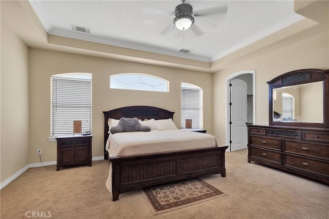 21777 Poppy Rd, Apple Valley, CA 92308 - bedroom with light carpet, ornamental molding, a raised ceiling, and ceiling fan