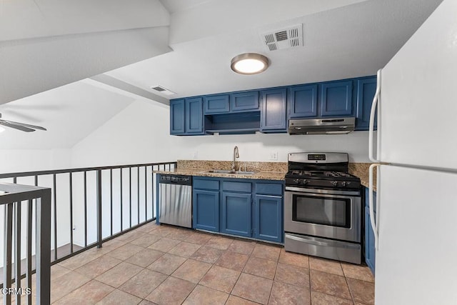 248 E Washington Blvd Unit 4, Pasadena, CA 91104 - kitchen with appliances with stainless steel finishes, under cabinet range hood, blue cabinetry, ceiling fan, and light stone counters