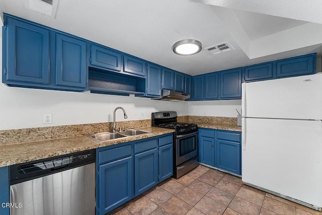 248 E Washington Blvd Unit 4, Pasadena, CA 91104 - kitchen with appliances with stainless steel finishes, under cabinet range hood, blue cabinets, and open shelves