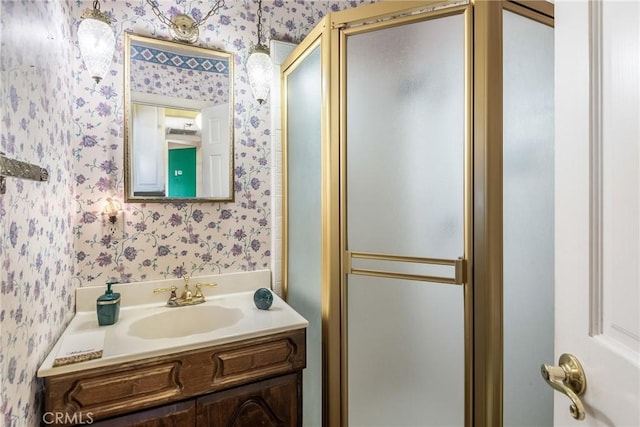 2322 W 156th St, Gardena, CA 90249 - full bathroom featuring wallpapered walls, a shower stall, and vanity