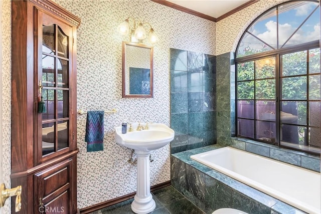 2322 W 156th St, Gardena, CA 90249 - bathroom with crown molding, a garden tub, wallpapered walls, and plenty of natural light
