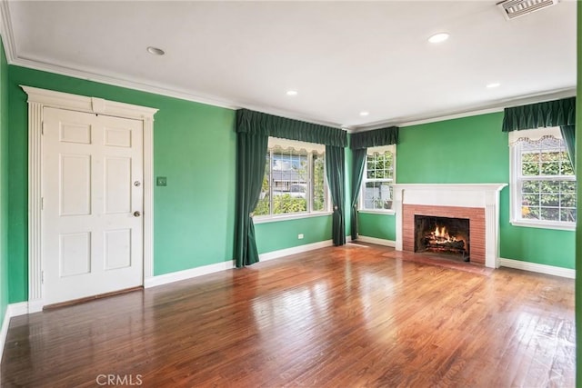 2322 W 156th St, Gardena, CA 90249 - unfurnished living room featuring ornamental molding, wood finished floors, a brick fireplace, and recessed lighting