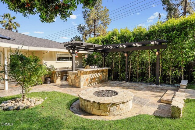 1620 Knollwood Dr, Pasadena, CA 91103 - view of patio featuring an outdoor kitchen, an outdoor fire pit, and a pergola