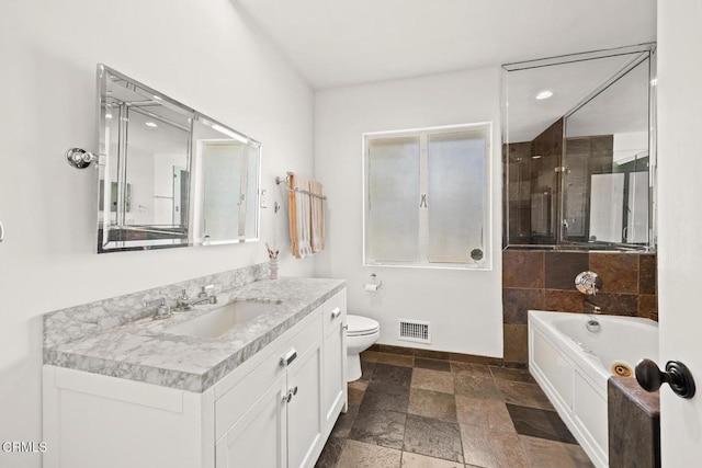 1620 Knollwood Dr, Pasadena, CA 91103 - bathroom with vanity, a bath, stone tile floors, and recessed lighting