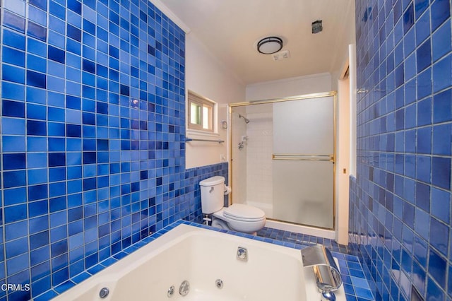 191 Haborview Ct, Ventura, CA 93003 - bathroom featuring tile walls, a tub with jets, a stall shower, and crown molding