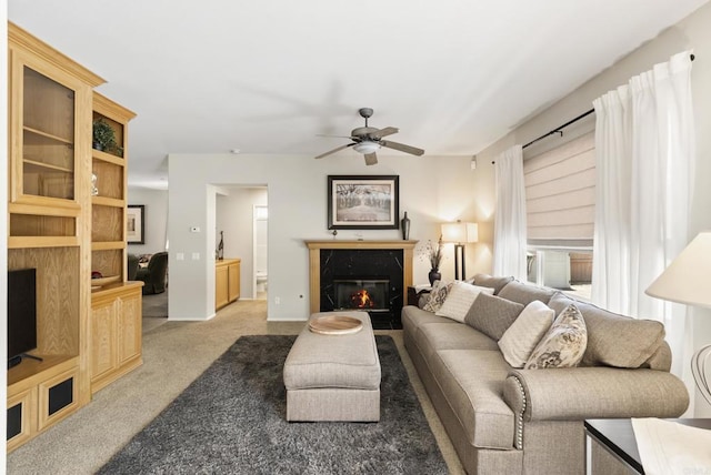 1222 N Creekside Dr, Chula Vista, CA 91915 - living room featuring ceiling fan, a fireplace, and carpet