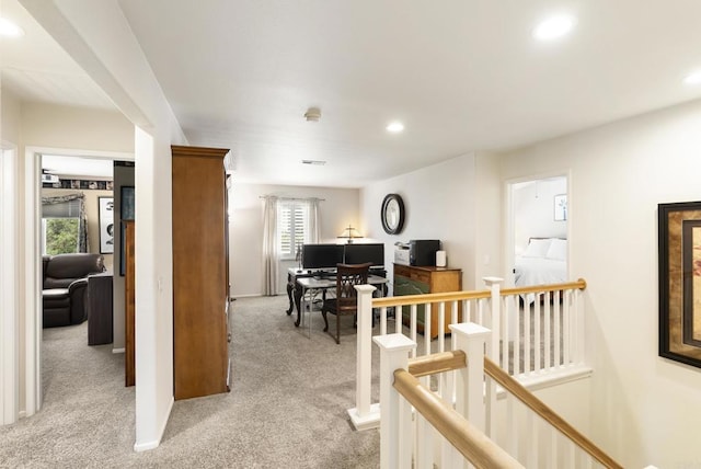 1222 N Creekside Dr, Chula Vista, CA 91915 - corridor featuring light colored carpet, plenty of natural light, recessed lighting, a desk, and an upstairs landing