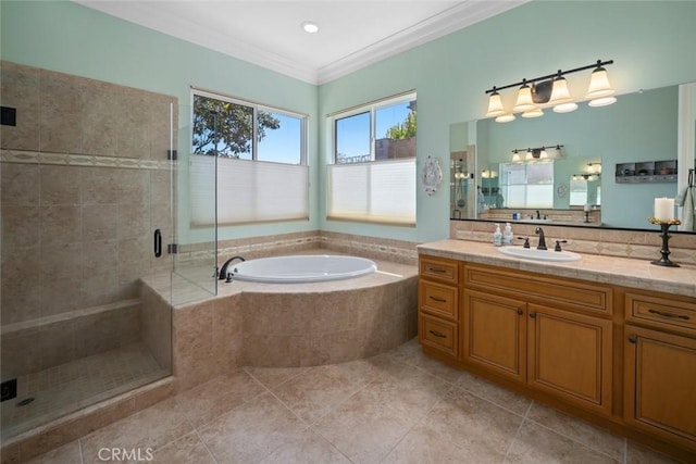 1432 Vicki Ln, Nipomo, CA 93444 - bathroom featuring a bath, vanity, a shower stall, tile patterned flooring, and ornamental molding
