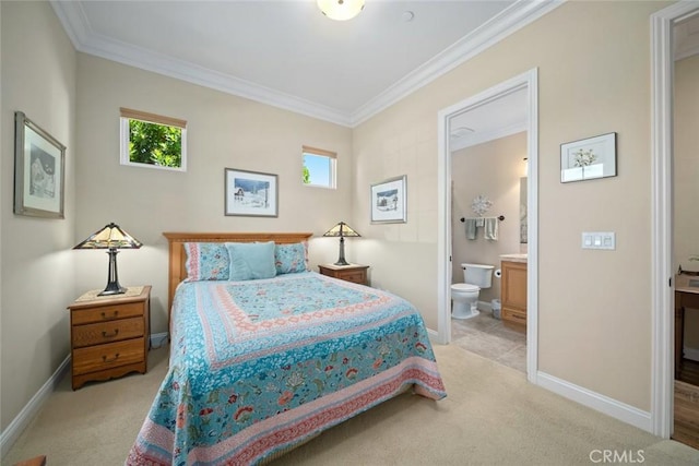 1432 Vicki Ln, Nipomo, CA 93444 - bedroom with light colored carpet, ornamental molding, multiple windows, and ensuite bath