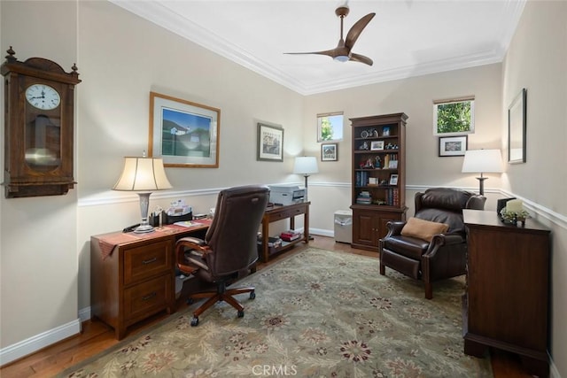 1432 Vicki Ln, Nipomo, CA 93444 - office space featuring a ceiling fan, wood finished floors, and ornamental molding