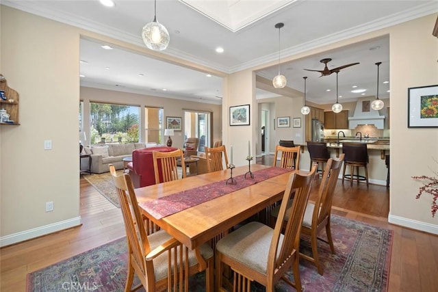 1432 Vicki Ln, Nipomo, CA 93444 - dining area featuring hardwood / wood-style floors, ornamental molding, recessed lighting, and ceiling fan