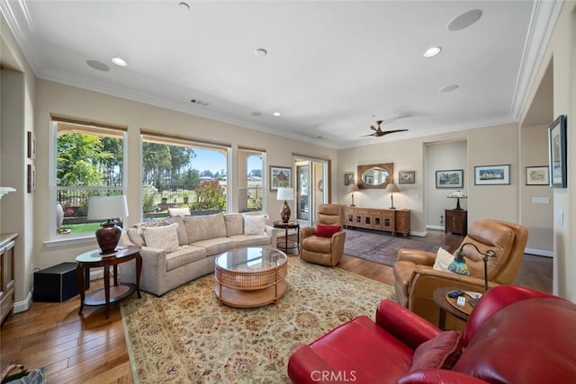 1432 Vicki Ln, Nipomo, CA 93444 - living area with hardwood / wood-style flooring, crown molding, recessed lighting, and a ceiling fan