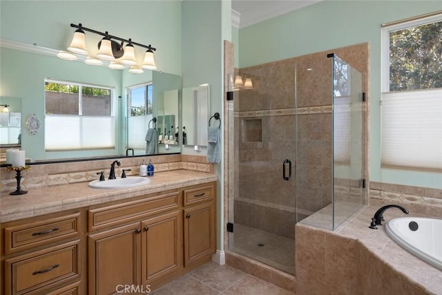 1432 Vicki Ln, Nipomo, CA 93444 - bathroom with a bath, a shower stall, vanity, ornamental molding, and tile patterned flooring