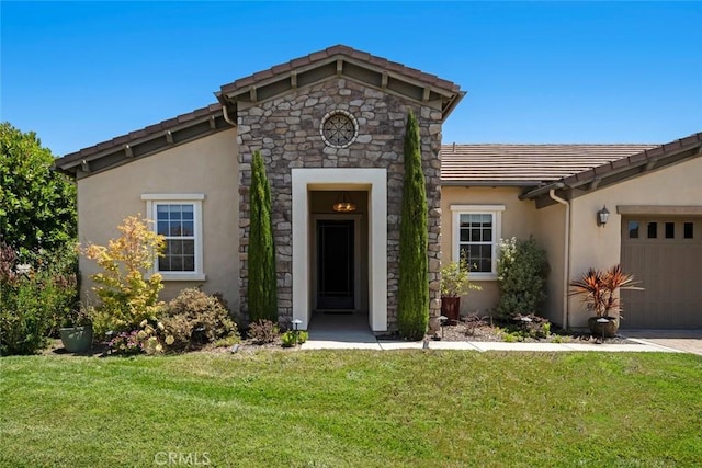 1432 Vicki Ln, Nipomo, CA 93444 - view of front facade featuring a garage, a tile roof, stucco siding, and a front lawn
