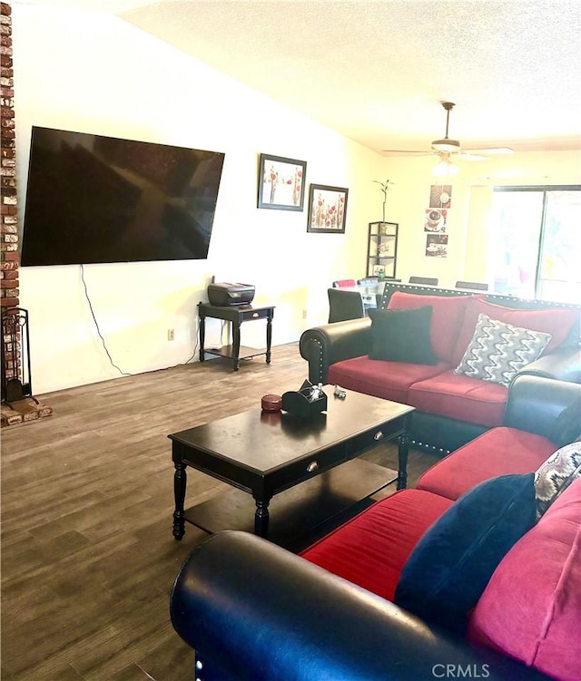 245 Broadway St, Lake Elsinore, CA 92530 - living room with a textured ceiling, wood finished floors, and ceiling fan