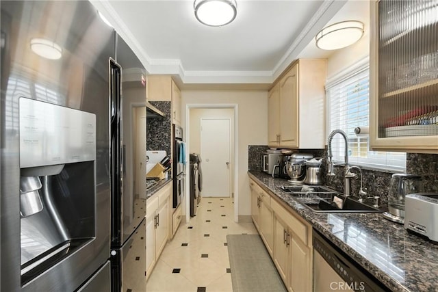 12516 Archwood St, North Hollywood, CA 91606 - kitchen with stainless steel appliances, tasteful backsplash, light brown cabinetry, glass insert cabinets, and crown molding