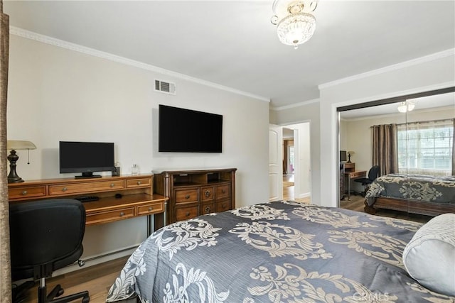 12516 Archwood St, North Hollywood, CA 91606 - bedroom featuring wood finished floors, a closet, ornamental molding, and an office area
