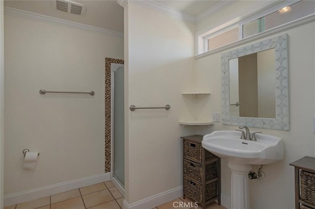 6354 Berkshire Ave, Paradise, CA 95969 - bathroom featuring a shower stall, ornamental molding, and tile patterned floors