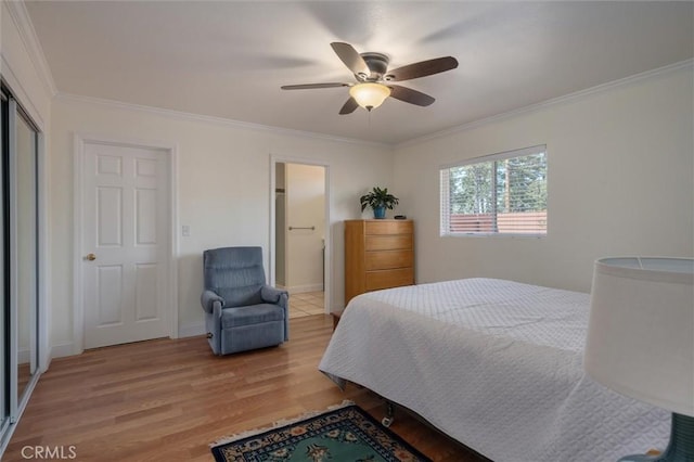 6354 Berkshire Ave, Paradise, CA 95969 - bedroom with light wood-type flooring, ornamental molding, ceiling fan, a closet, and connected bathroom
