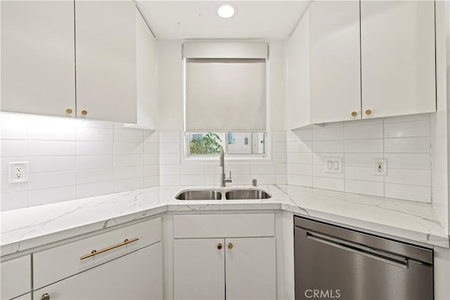 390 S Sepulveda Blvd Unit 105, Los Angeles, CA 90049 - kitchen featuring dishwasher, white cabinetry, backsplash, and light stone countertops