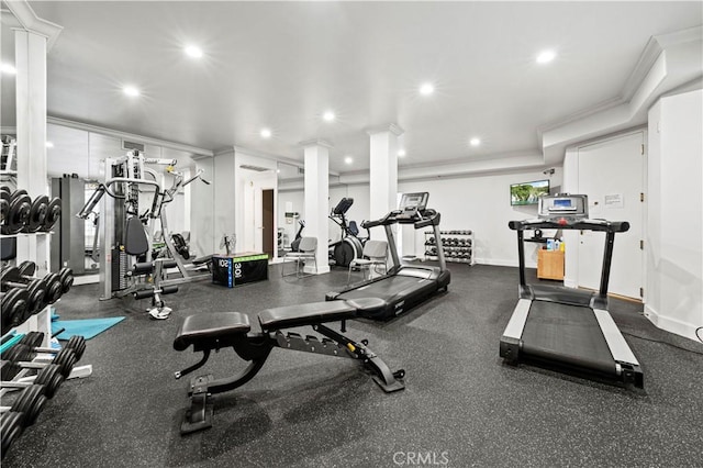 390 S Sepulveda Blvd Unit 105, Los Angeles, CA 90049 - gym featuring ornamental molding, recessed lighting, and ornate columns