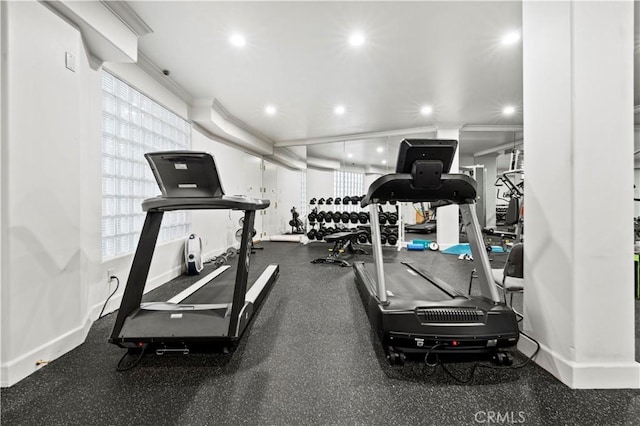 390 S Sepulveda Blvd Unit 105, Los Angeles, CA 90049 - gym with recessed lighting and crown molding