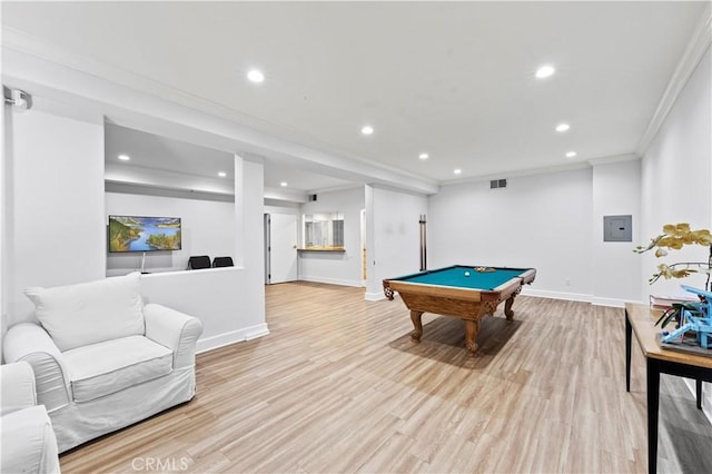 390 S Sepulveda Blvd Unit 105, Los Angeles, CA 90049 - game room with recessed lighting, pool table, light wood-style flooring, and ornamental molding